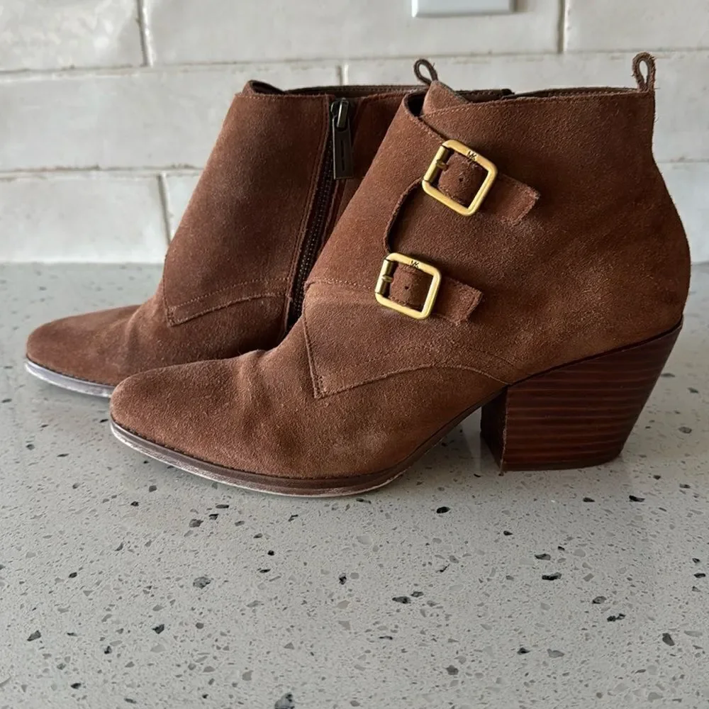 Michael Michael Kors Loni Ankle Bootie Luggage Suede Leather Western heel Size 8